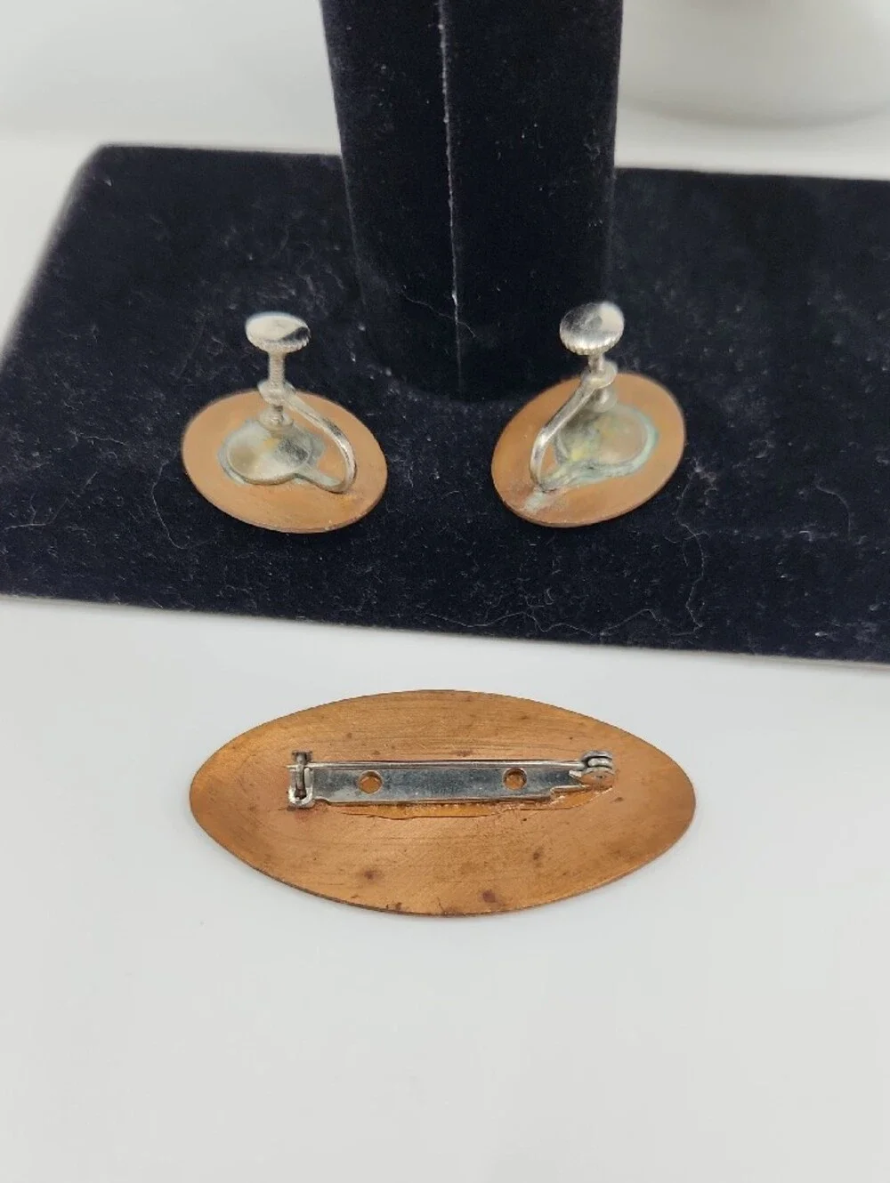 Matching White Cat Enamel Brooch and Screw Back Earring Set
